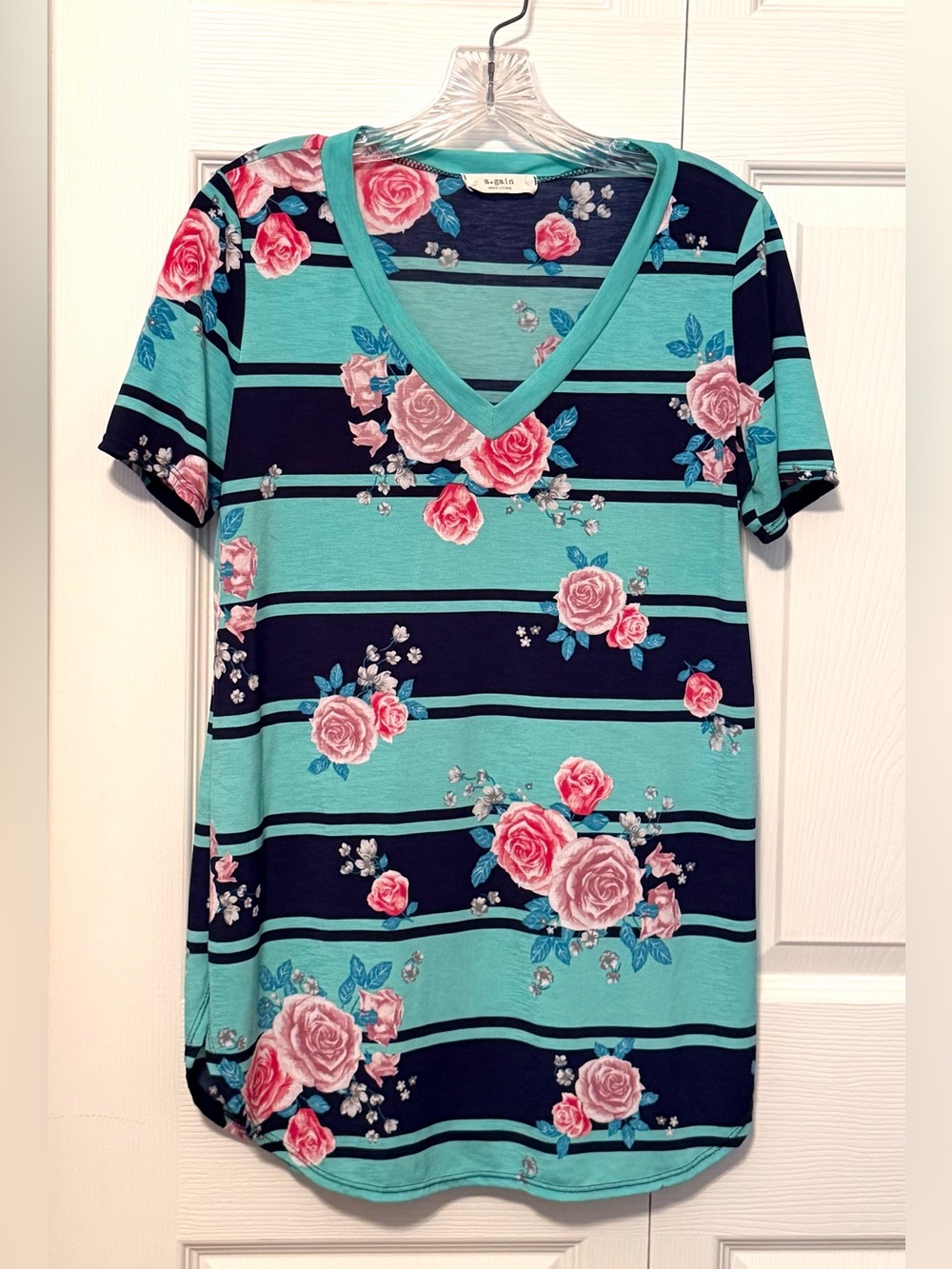 A.gain Floral Striped V-Neck Mint Pink Roses Navy Stripe Casual Blouse Top~L~EUC